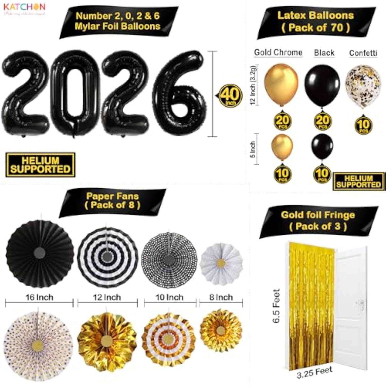 115 Pc 2026 Black Gold New Year Party Set with Balloon Arch and Backdrop