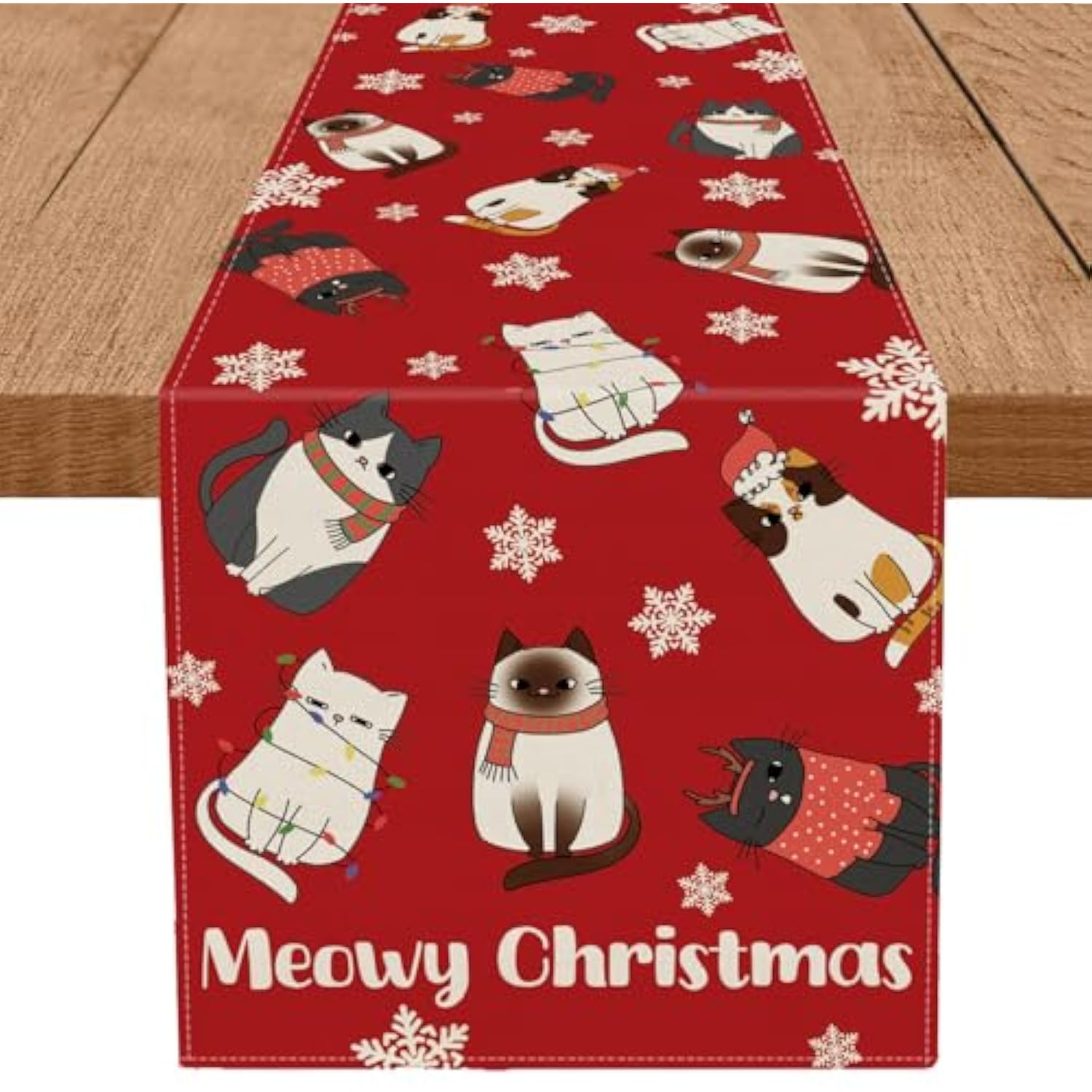 Cat Christmas Table Runner Meowy Christmas Snowflake Red Table Decoration For Winter Xmas Holiday Kitchen Dining Home Party 13X72 Inch