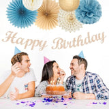 21-Pc Light Blue & Champagne Boho Birthday Decorations Banner, Pom Poms & More
