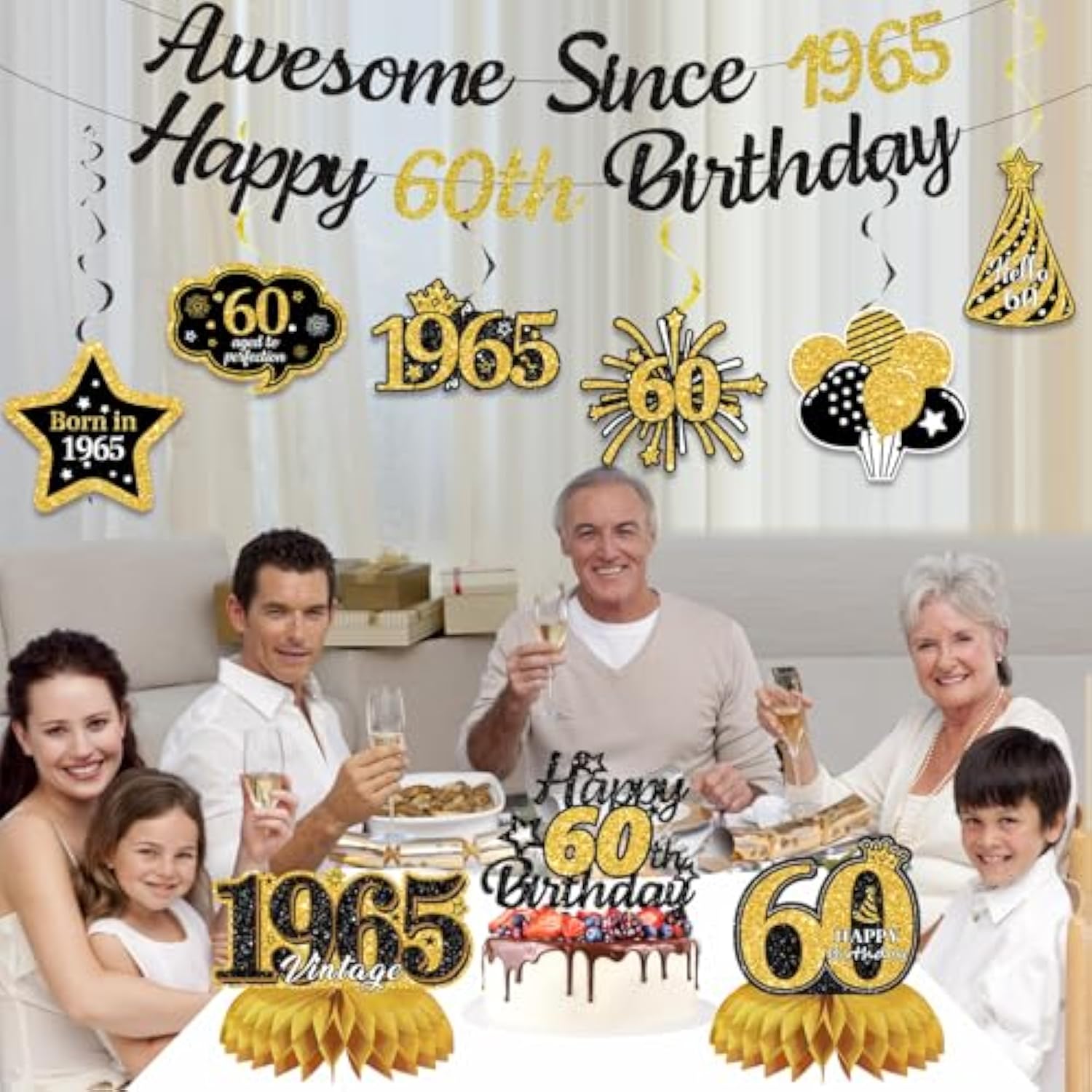60Th Birthday Decorations For Men Women, Black Gold Awesome Since 1965 Happy 60Th Birthday Banner Swirls Cake Topper Party Supplies, Sixty Years Bday Honeycomb Centerpiece Sign Decor
