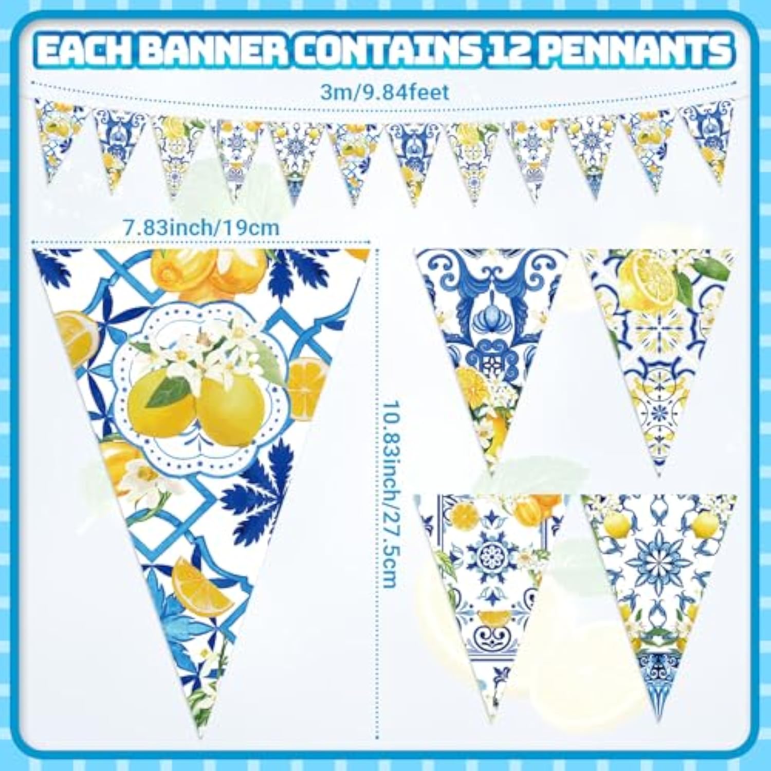 5 Pcs Blue Tiles Lemon Decor Lemon Bunting Banners Blue Tiles Paper Pennant Garlands Lemonade Hanging Triangle Flags For Wedding Birthday Bridal Shower Bachelorette Party Decorations