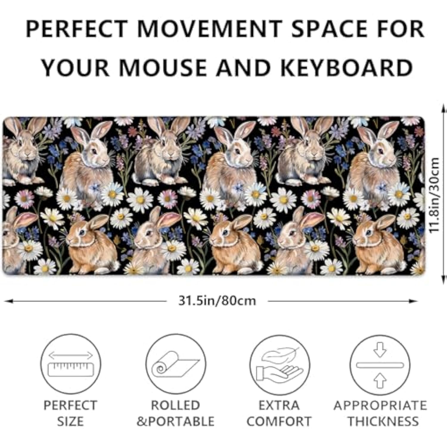 Floral Bunny Gaming Mouse Pad, Cute Rabbits With Daisies Large Desk Mat For Computer, Extended Keyboard Laptop Mouse Pads 31.5×11.8In, Non Slip Rubber Mousepad For Office Decor Gifts
