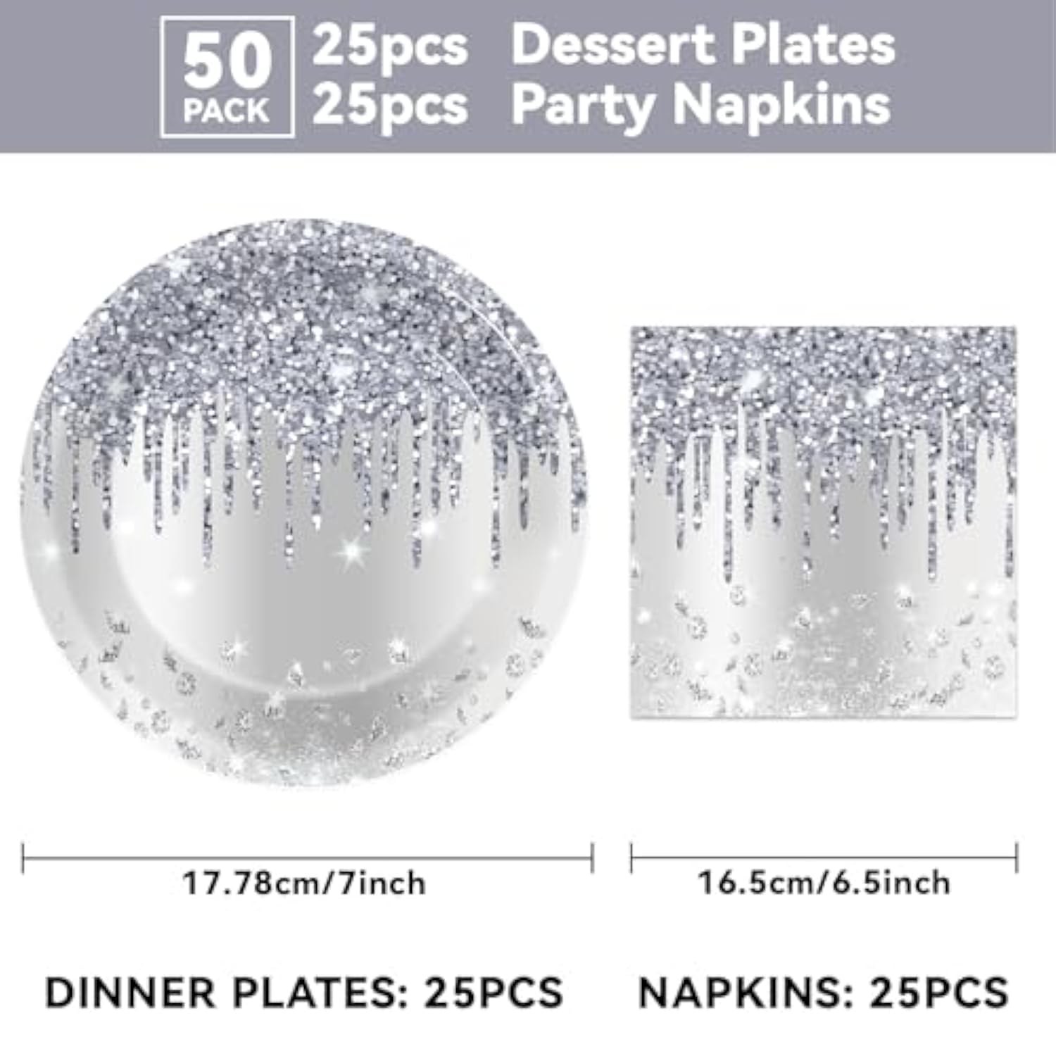 50 Pcs Silver Glitter Disposable Party Plates And Napkins Glitter Diamonds Happy Birthday Party Supplies For 25 Guests Table Decorations For Wedding Silver Birthday Decorations Paper Plates Napkins