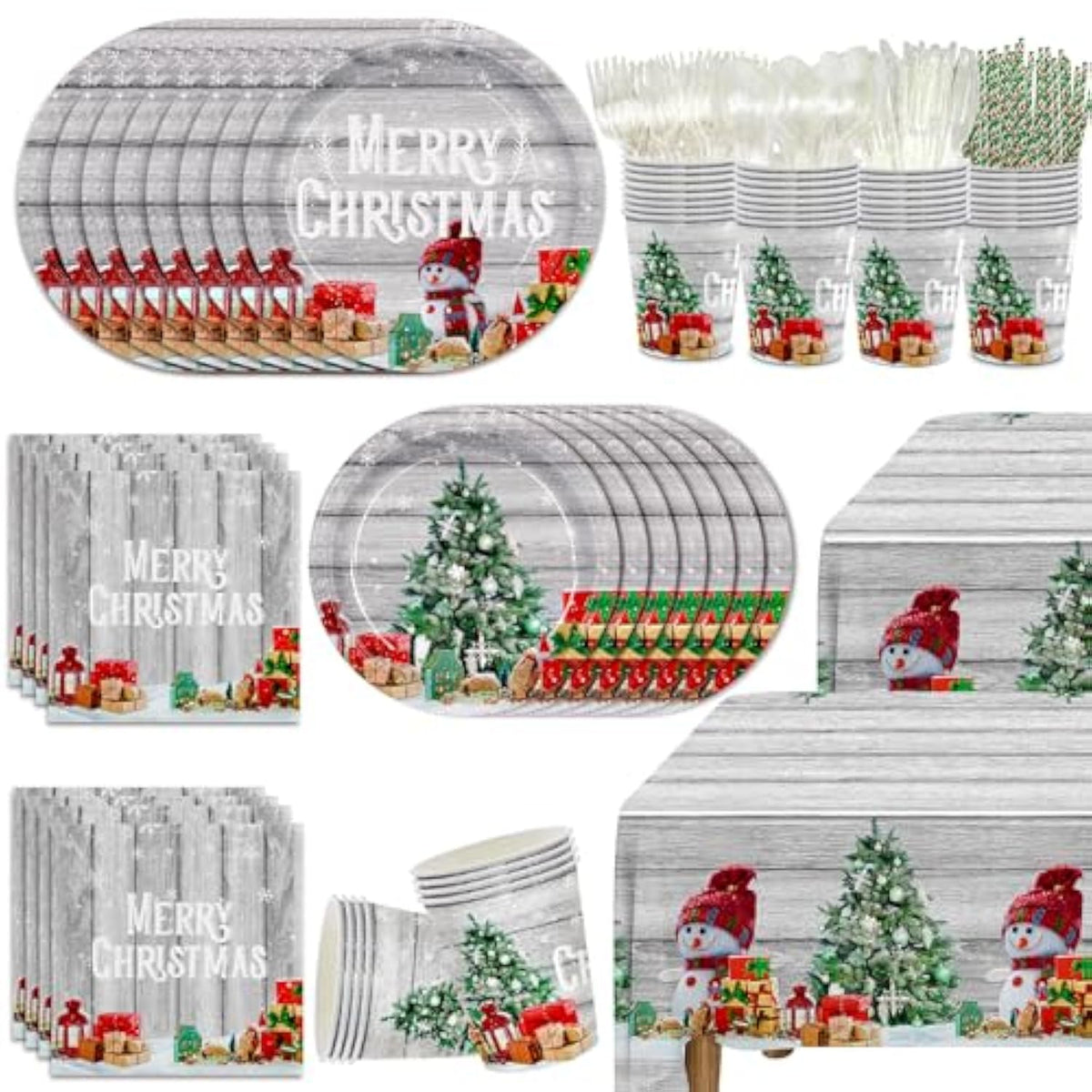 195Pcs Christmas Party Supplies Snowman Merry Christmas Paper Plates Napkins Tablecloth Christmas Tree Disposable Tableware Set For Xmas Party Decorations Serves 24