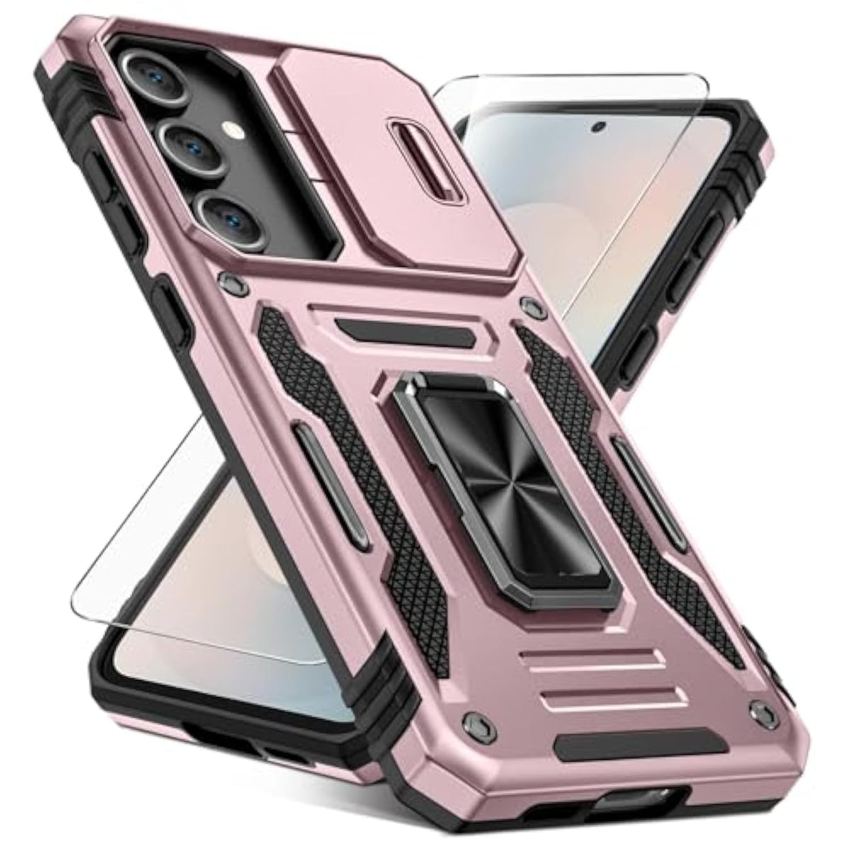 For Samsung Galaxy S25 Fe Case [Hd Screen Protector] [Full Camera Lens Cover] [360°Rotated Kickstand Ring] [Heavy Duty Protection] Hard Rugged Protective Phone Cover For S25 Fe - Rose Gold