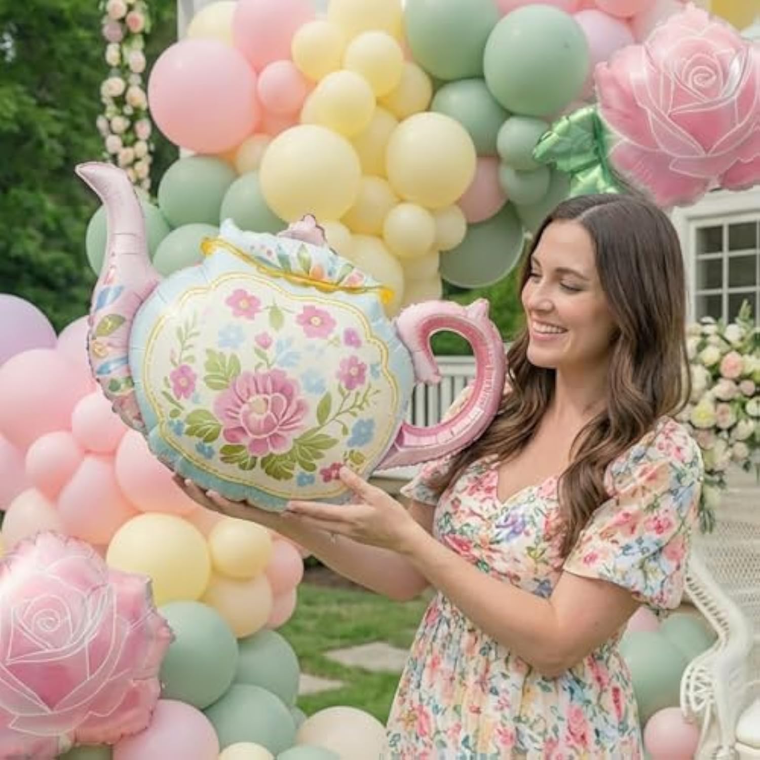 Spirng Balloon Garland Arch Kit Pastel Pink Green Blue Balloons With Teapot Flowers Balloons For Happy Easter Alice In Wonderland Spring Outdoor Tea Party 1St Birthday Baby In Bloom Decorations