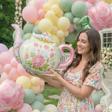 Spirng Balloon Garland Arch Kit Pastel Pink Green Blue Balloons With Teapot Flowers Balloons For Happy Easter Alice In Wonderland Spring Outdoor Tea Party 1St Birthday Baby In Bloom Decorations