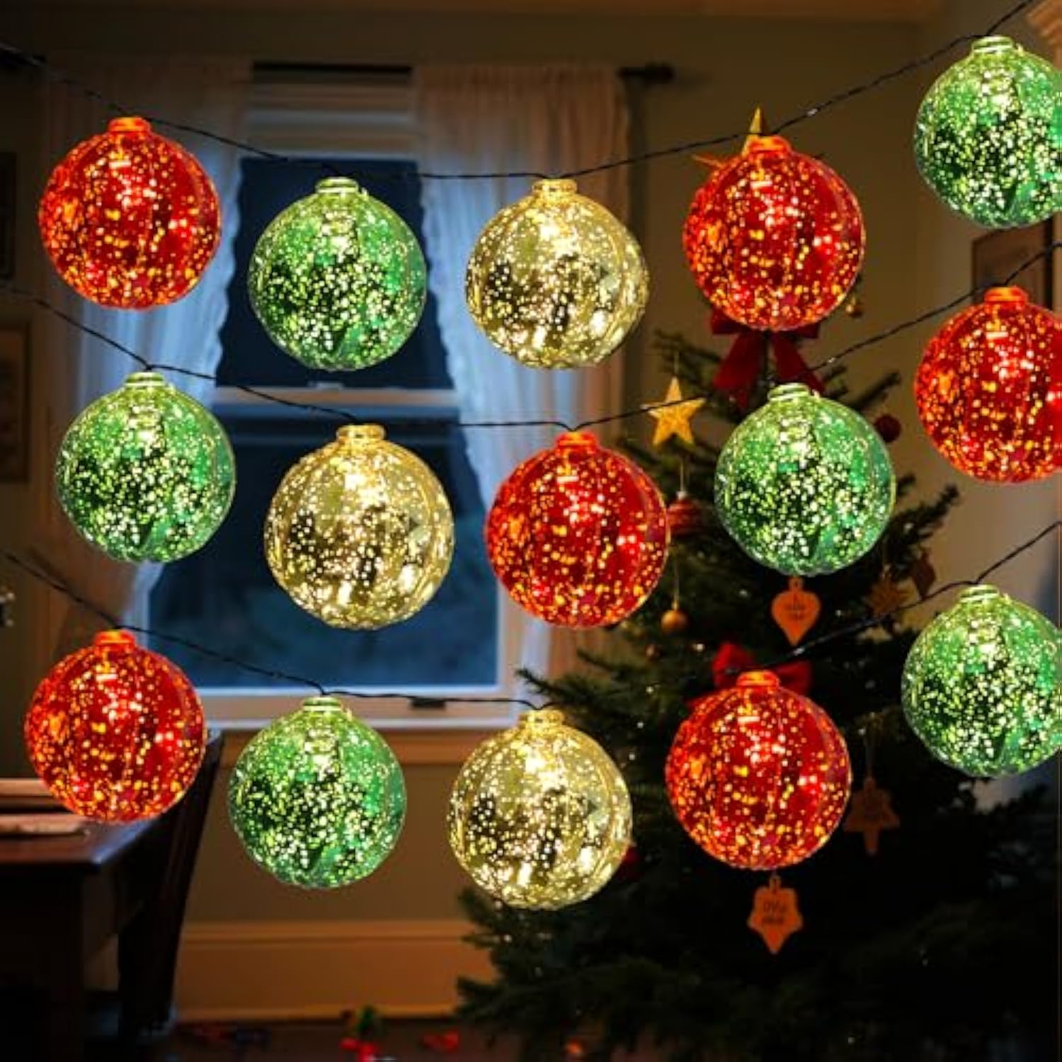 Battery Powered Christmas Lights 22Ft 20 Led Red Green Gold Ball String Lights 8 Modes With Timer, Globe Multicolor Chri