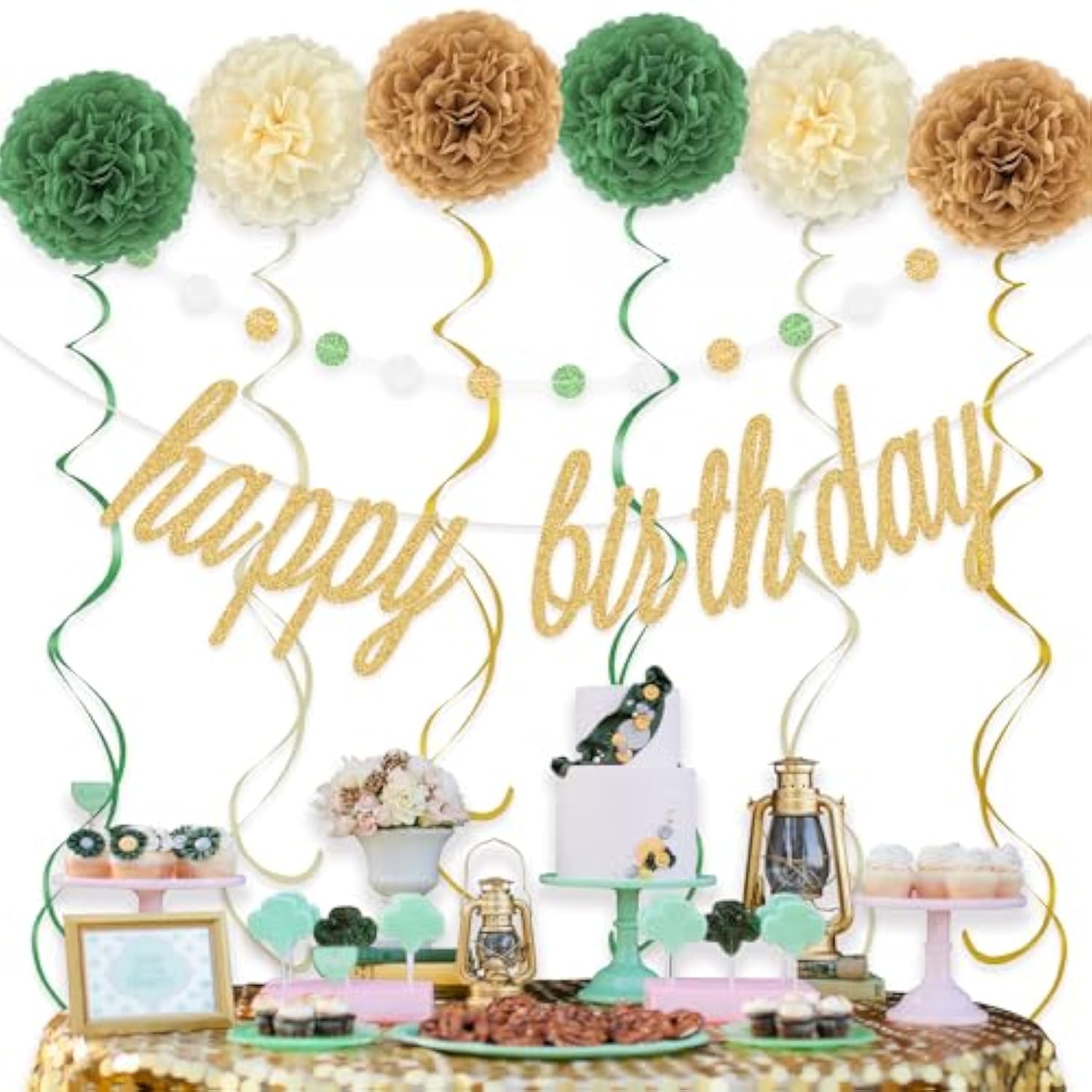 17pcs Sage Green Gold Birthday Set - Banner, Pom Poms, Swirls & Garland Decor