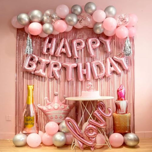 Pink Birthday Decorations For Women ?Happy Birthday Party Decorations For Girls?Pink Fringe Curtain?Happy Birthday Banner?Happy Birthday Balloons?Happy Birthday Balloon Letters