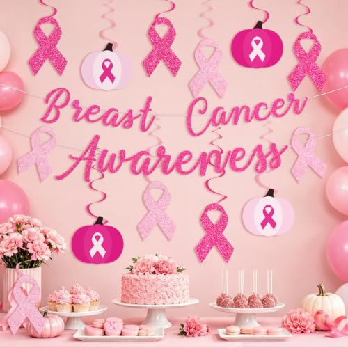 36 Pcs Breast Cancer Awareness Decorations, Banner & Hanging Swirl