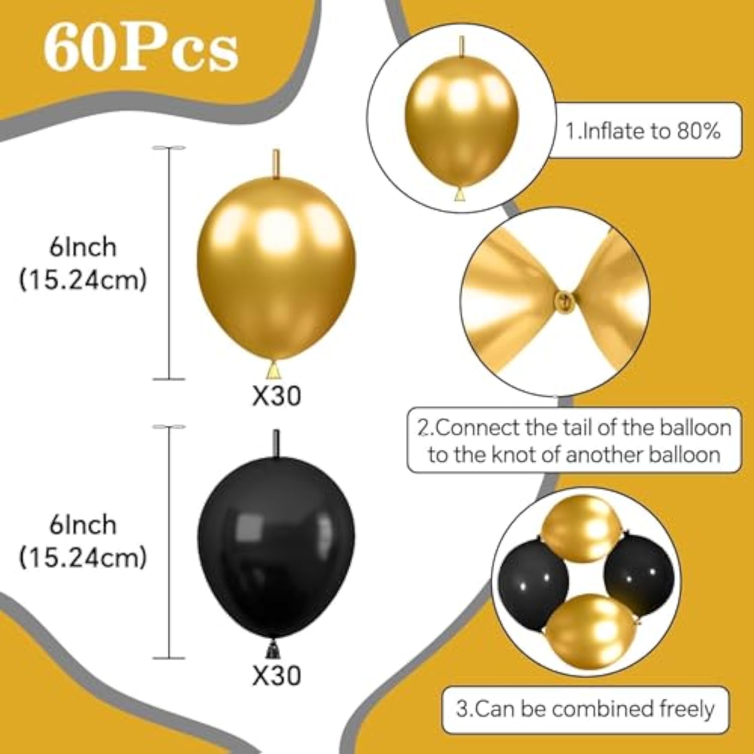 Black Gold Link Balloons 60pcs Metallic Latex for Party Decorations