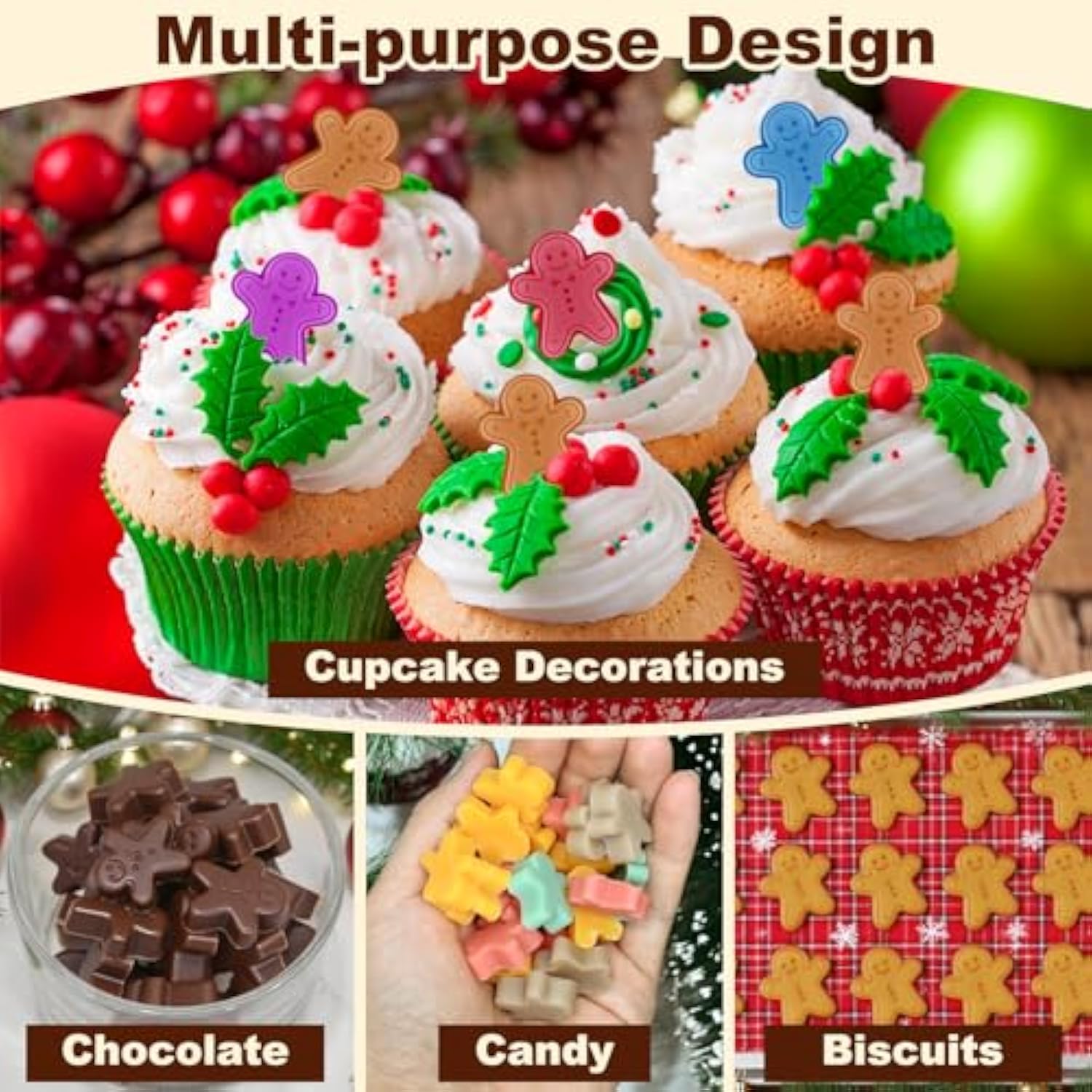 Christmas Gummy Molds, Christmas Candy Molds Silicone Gingerbread Man 100 Cavities Mini Christmas Silicone Mold For Chocolate, Hard Candy, Ice Cube, Cookies Baking, Cupcake Decorations