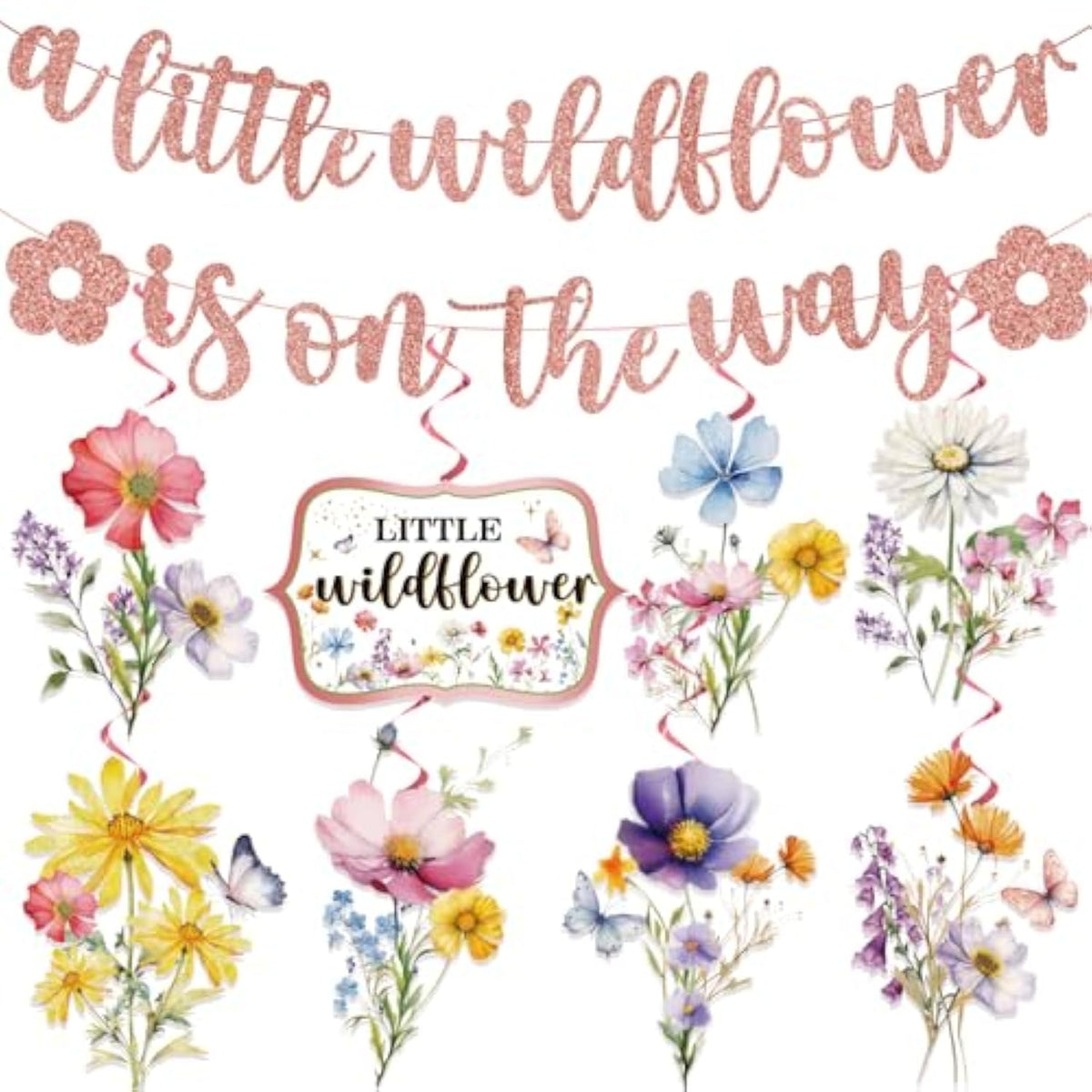 Wildflower Baby Shower Decorations For Girl, 17Pcs Paper Shiny Banner Hanging Swirls For A Little Wildflower Is On Her Way Party And Flower Themed Events
