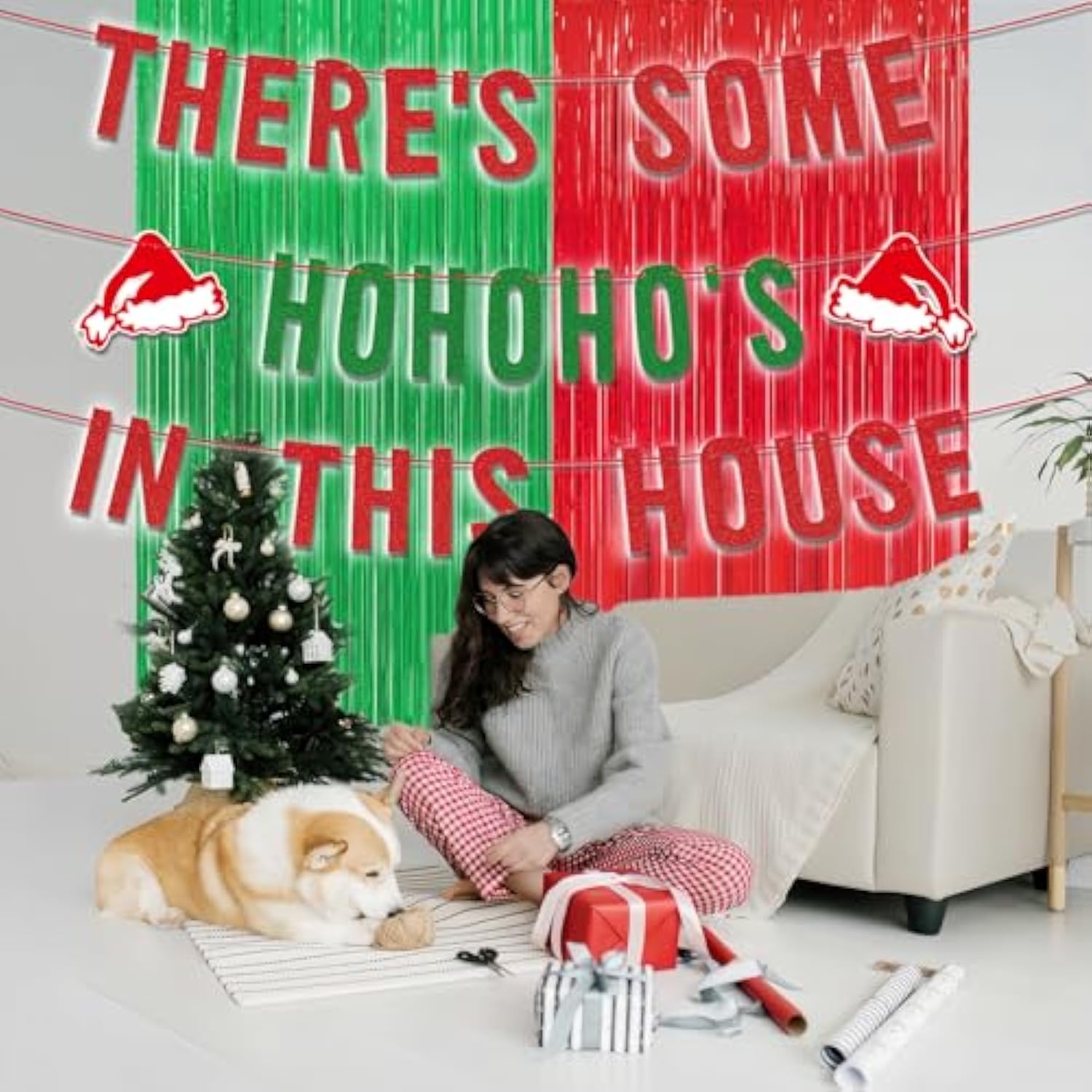 Christmas In July Decorations, Funny Merry Xmas Banner Clearance There'S Some Hohohos In This House Garland With Red Green Fringe Curtains Holiday Party Supplies Birthday Gifts For Women Men