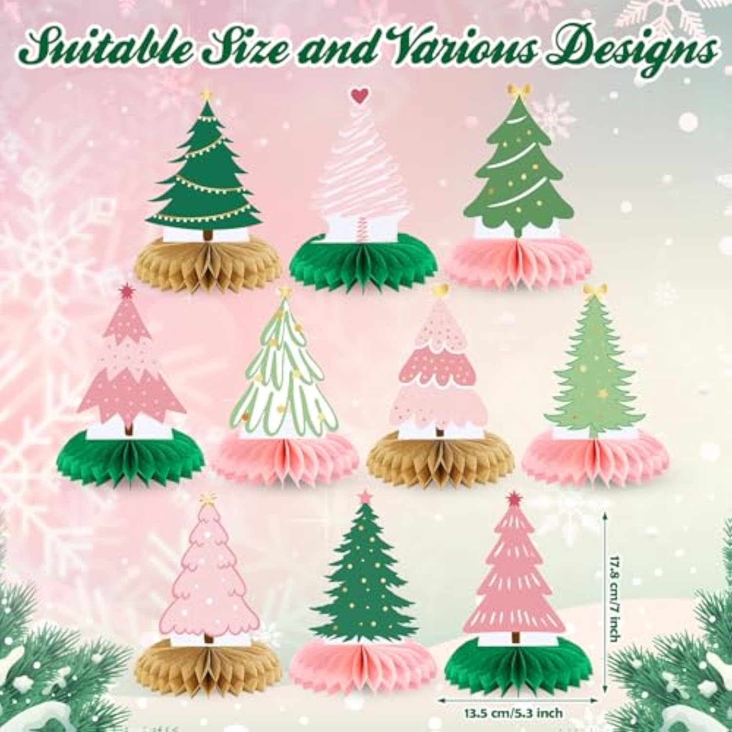 10 Pcs Christmas Tree Honeycomb Centerpieces 3D Xmas Paper Trees Centerpiece Winter Pink Green Tree Table Decor For Merry Christmas Party Supplies Indoor Home Holiday Sign