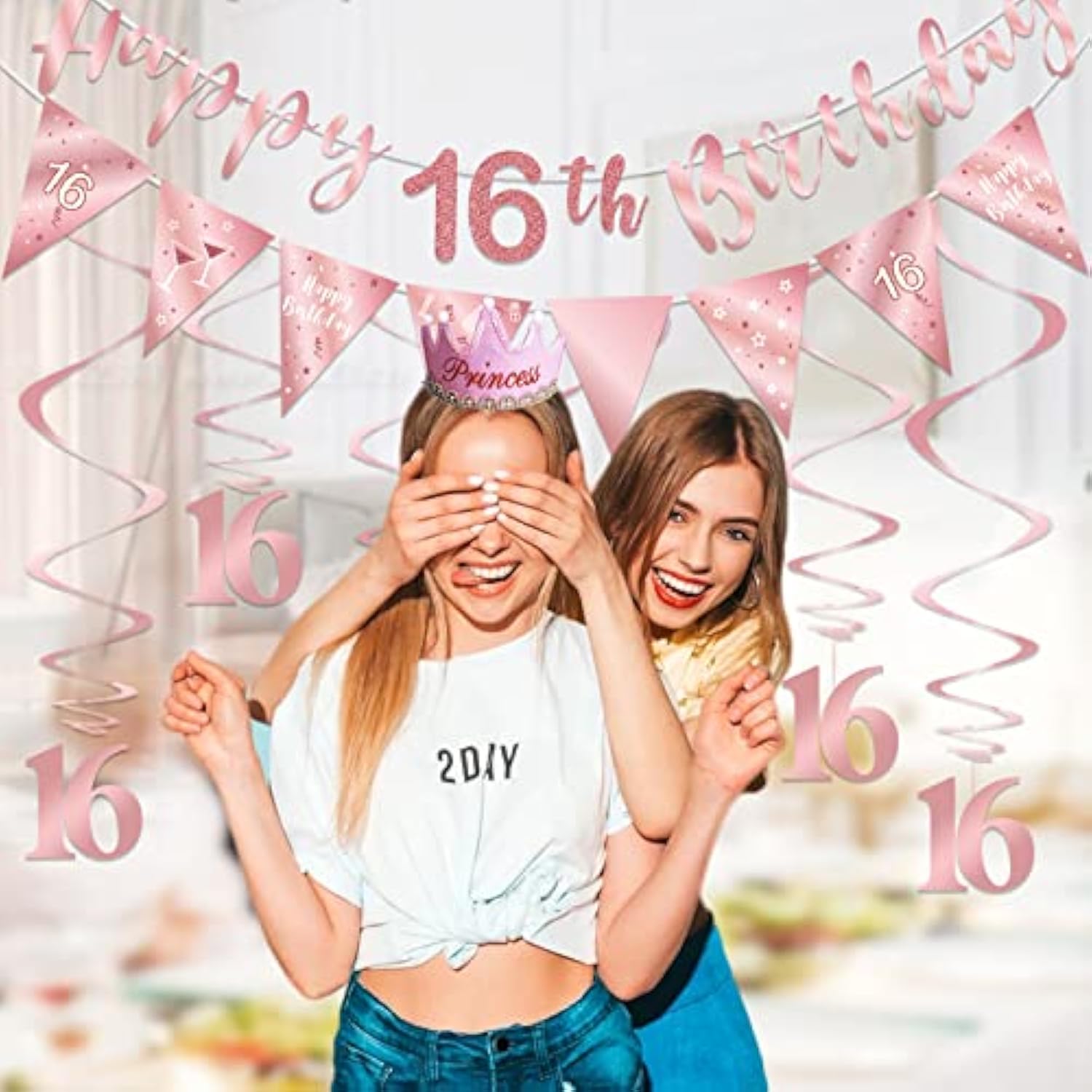 Rose gold 16th birthday decor with banner, bunting, swirls & triangle flags