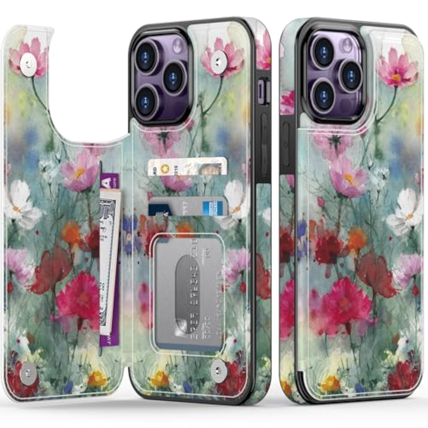 For Iphone 14 Pro Wallet Case With Card Holder, Rfid-Blocking, Military-Grade Drop Protection & Floral Animal Design, Magnetic Closure With Leather Kickstand - Dreamy Flowers