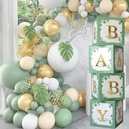 Sage Green Baby Boxes With Letters For Baby Shower - 4 Pcs Baby Balloon Party Boxes Blocks For Boy Girl Birthday Party Favors,Gender Reveal ,Safari Baby Shower Decorations