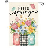 Hello Spring Garden Flag 12X18 Inch Double Sided Outside, Floral Mason Jar Holiday Yard Outdoor Flag
