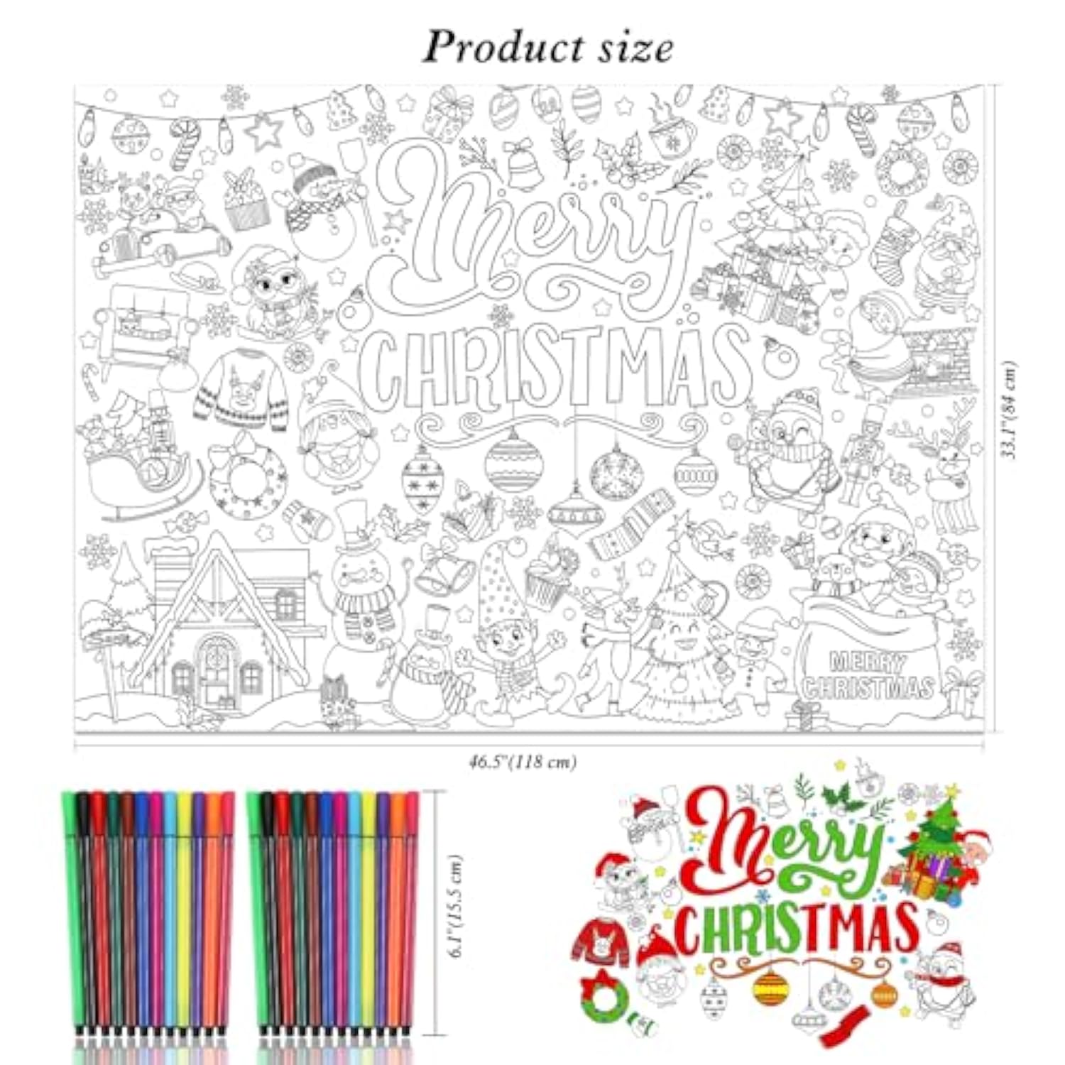 Merry Christmas Coloring Poster With 24 Pcs Paint Pens,Xmas Holiday Jumbo Paper Coloring Banner,Christmas Paper Coloring Tablecloth Christmas Party Favors Kids Holiday Activities