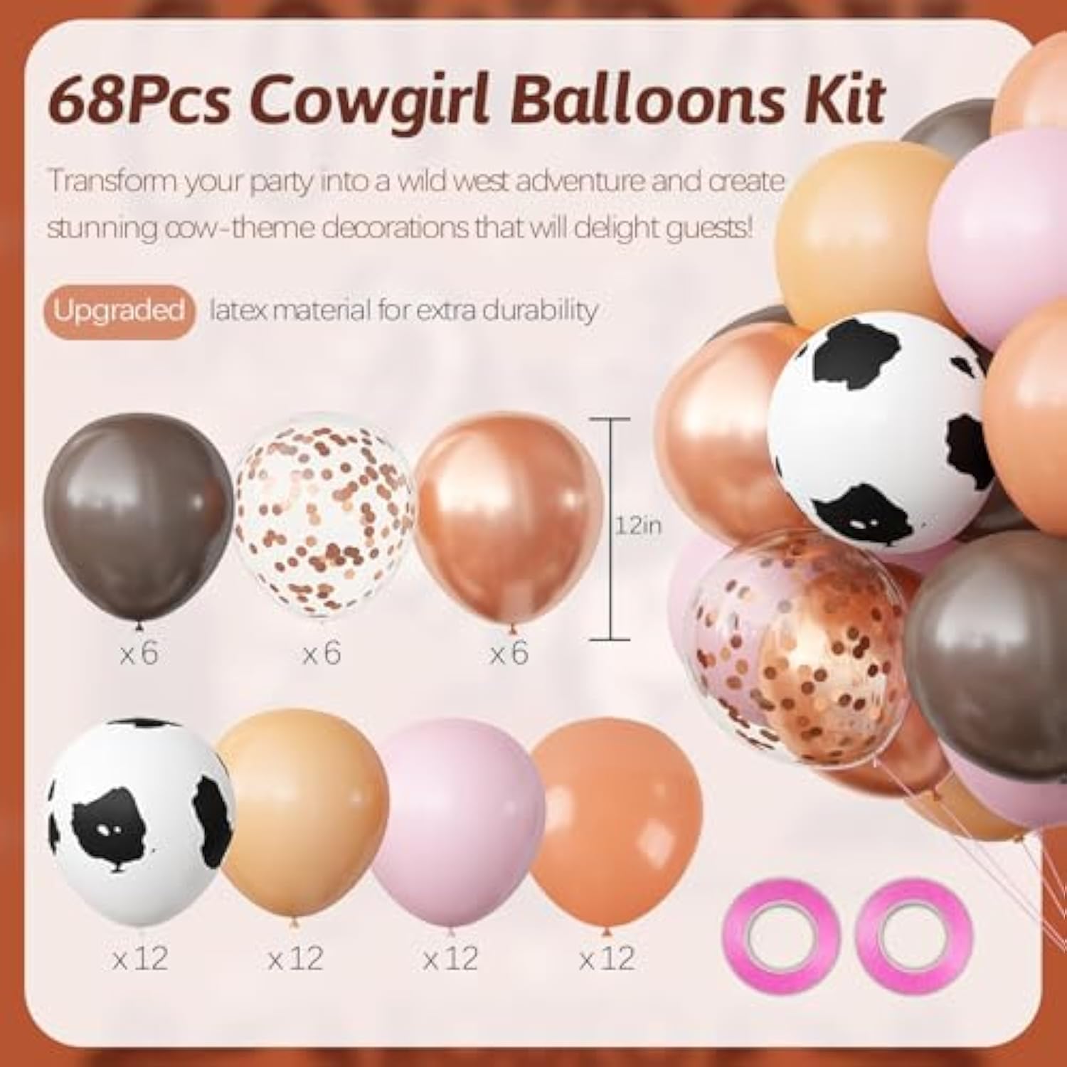 Cowgirls Western Party Decorations, 68Pcs Cow Print Balloons Kit, Pink Coffee Rose Gold Cow Balloons For Girls Party Baby Shower Western Farm Birthday Supplies, 12 Inch