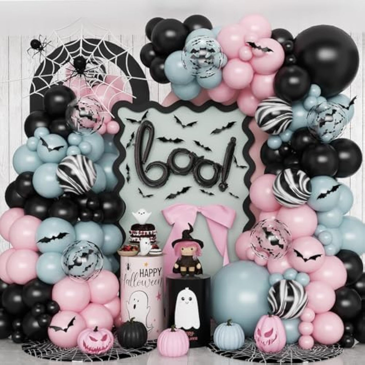 Halloween Balloon Arch Kit – Dusty Pink Blue with BOO Foil & Bat Decorations