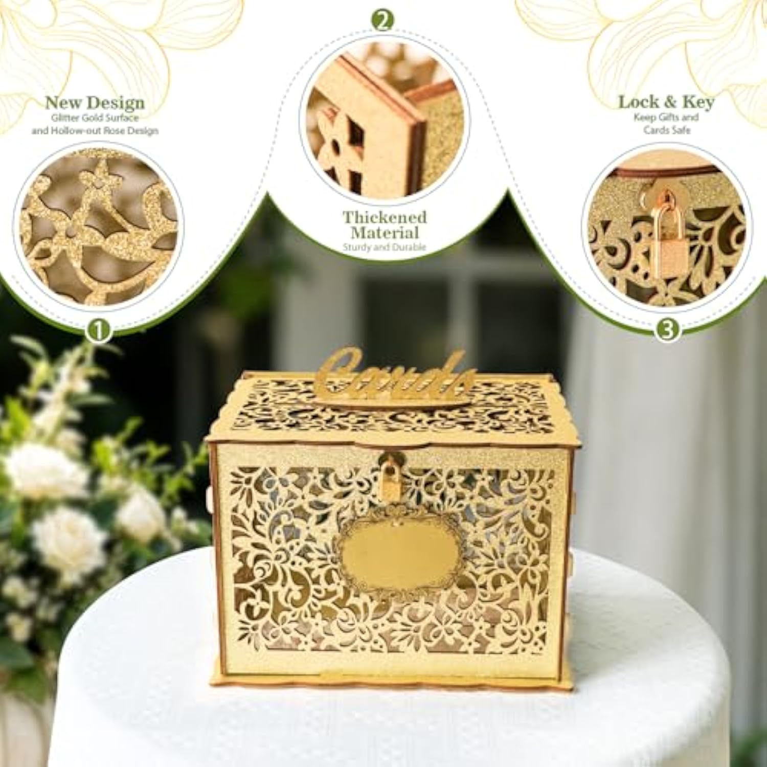 Glittery Gold Wedding Card Box With Lock, Wood Gift Card Box For Wedding Reception, Envelope Box For Party Graduation Birthday Baby Shower Decorations