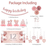 Rose Gold 12th Birthday Decoration Kit: Banner, Pom Poms, Cake Topper