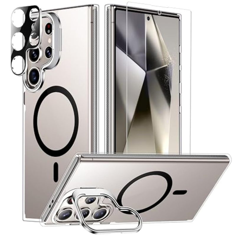Magnetic Designed For Samsung Galaxy S24 Ultra Case, With [2Pcs Screen Protector+Lens Protectors] Shockproof Antiscratched Kickstand Phone Case,Black/Clear