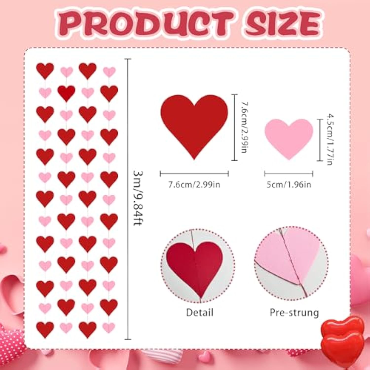 4 Pack Heart Garland For Paper Hearts Streamers Hanging Hearts Decorations For Valentines Galentines Birthday Bridal Shower Wedding Engagement Anniversary Decor (Red & Pink)