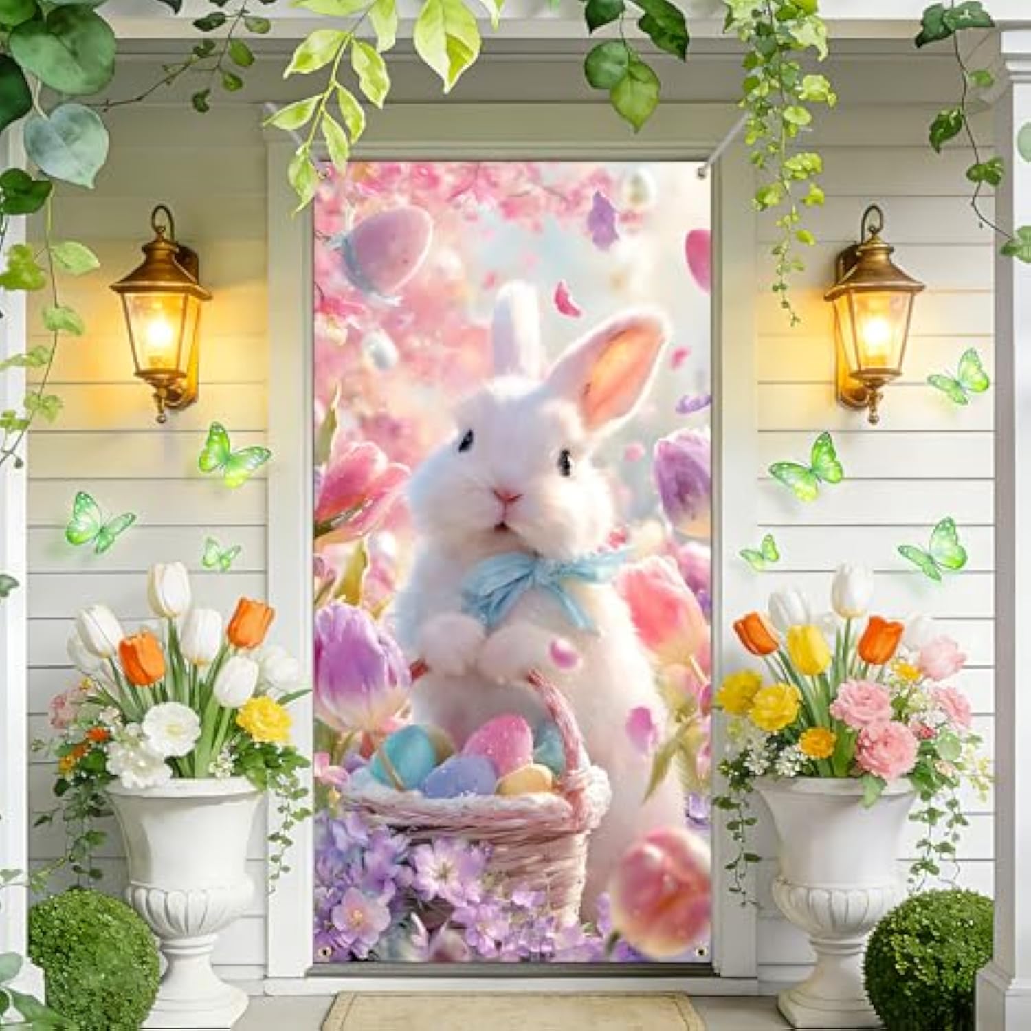 Easter Banner Decorations 35.4"X70.8" Fabric Easter Theme Spring Door Cover Welcome Front Door Hanging Decor Banner For Spring Party Decoration Supplies (Blue Ribbon Rabbit, 35.4"W X 70.8"H)