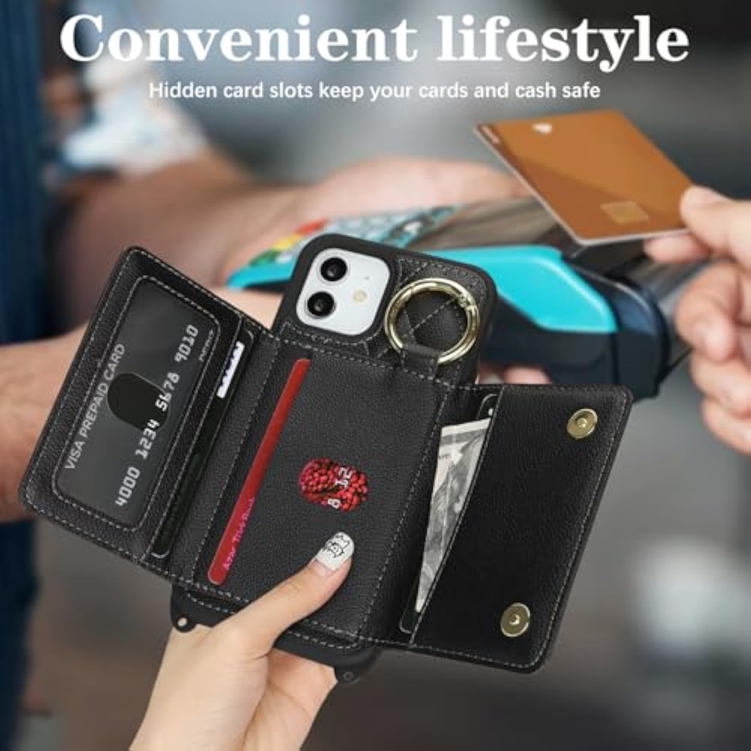 For Iphone 12 Case With Card Holder And Strap For Women,Crossbody Lanyard, Make Up Mirror,Ring Stand,Snap Clasp,Cute Phone Wallet Cases 6.1 Inch - Black