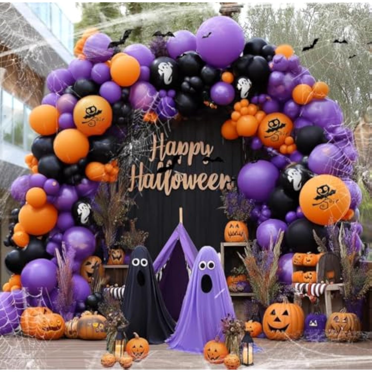 Halloween Balloon Arch Garland Kit with Ghost Bat Balloons Black Purple Orange Party