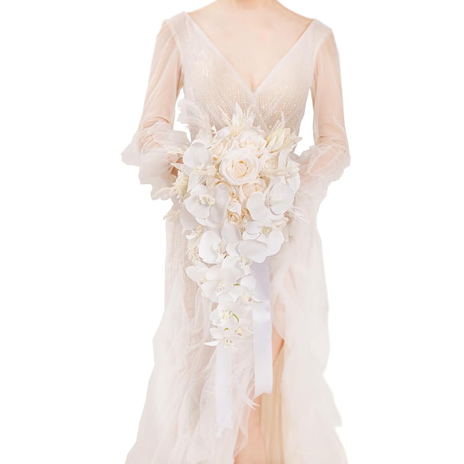Bridal Bouquet Cascading, Nude & White Wedding Bouquets For Bride Bridesmaid 10" Artificial Flowers Bouquet For Wedding Decor