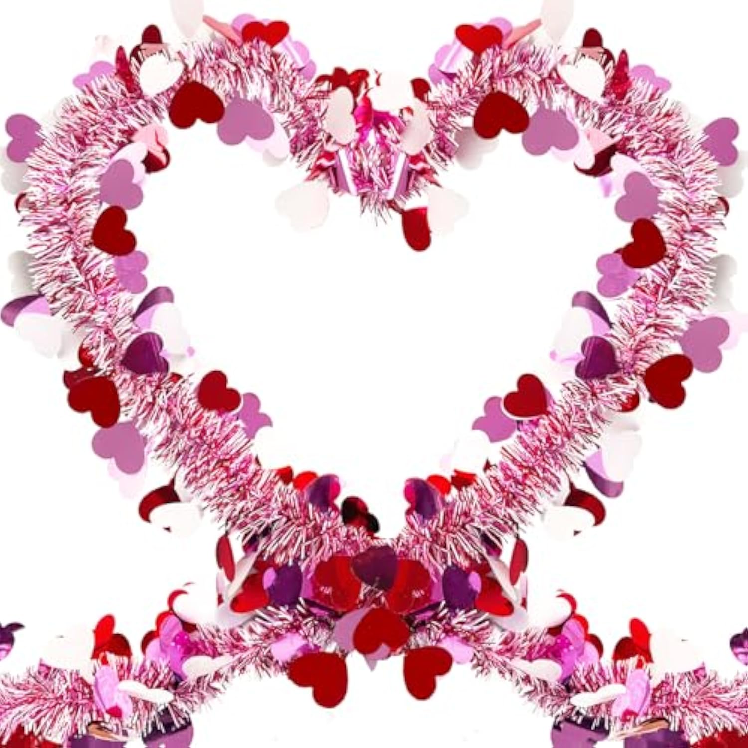 50 Ft Valentines Day Heart Tinsel Garland, Red Pink White Metallic, Shiny Foil Heart Hanging Garland Streamer For Home Indoor Outdoor Decor