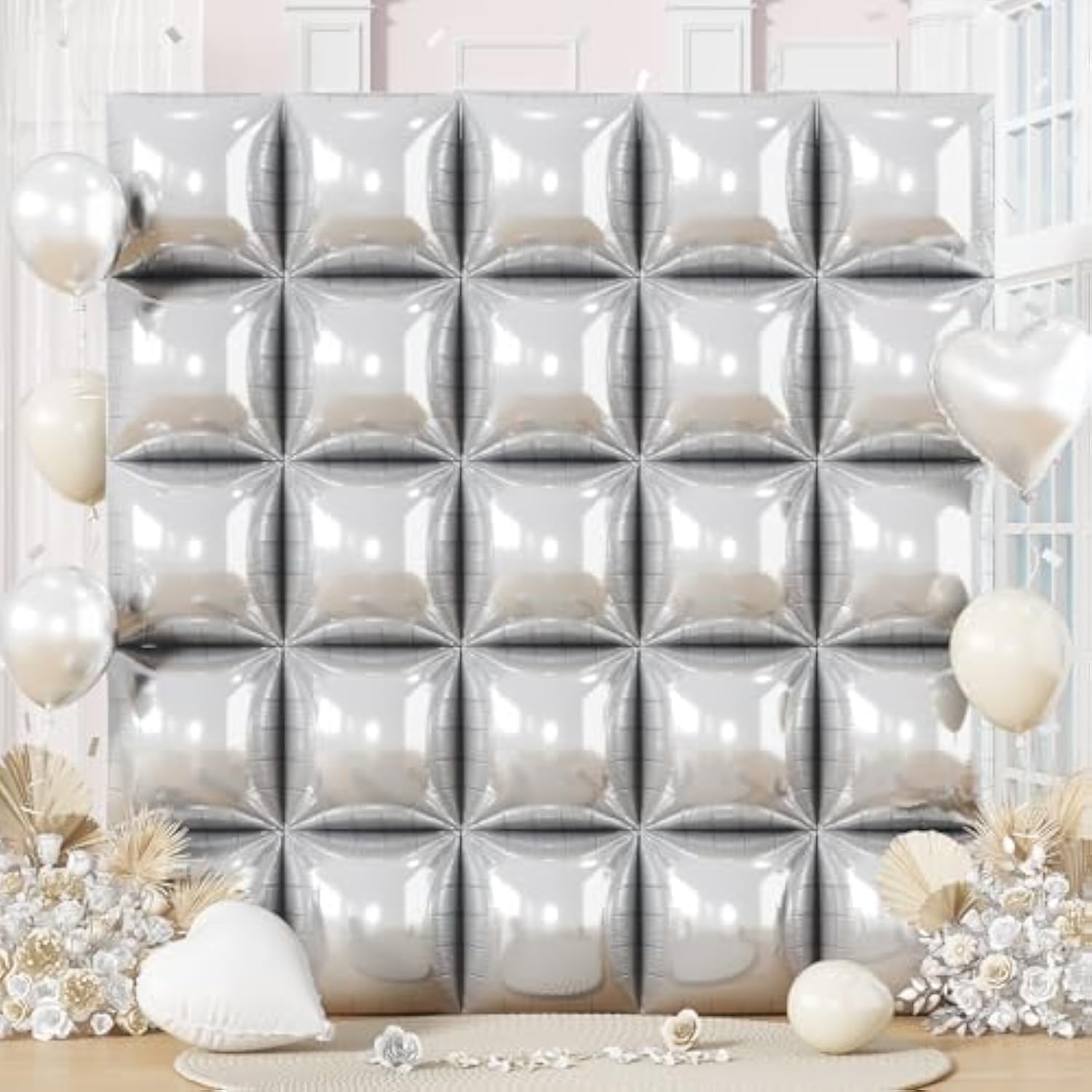 25-Pack Silver Square Foil Balloons Metallic Chrome Backdrop for NYE & Events