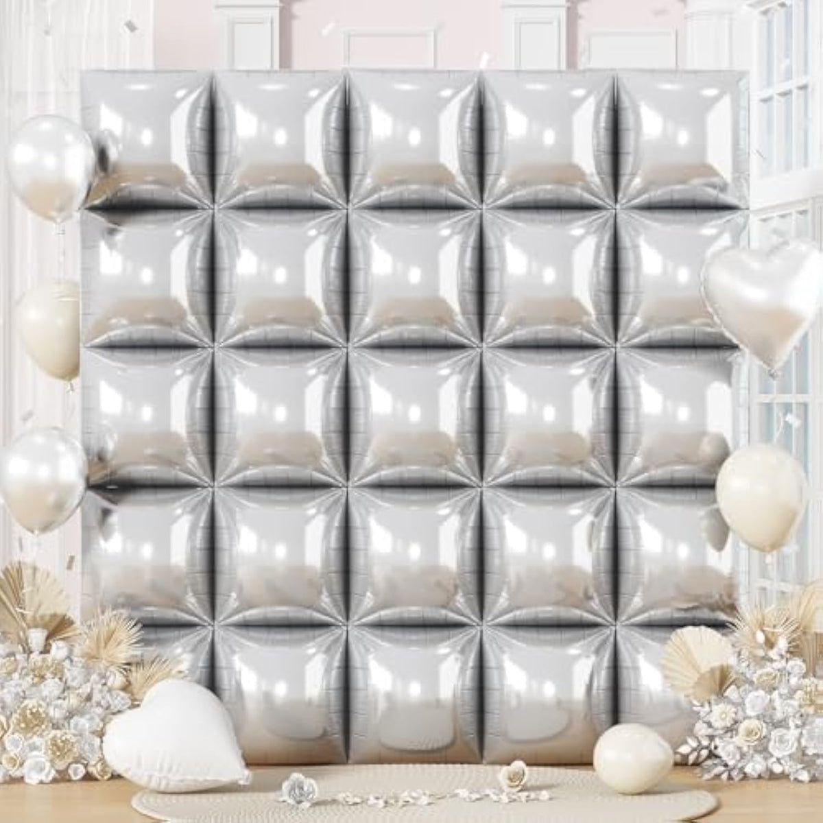 25-Pack Silver Square Foil Balloons Metallic Chrome Backdrop for NYE & Events