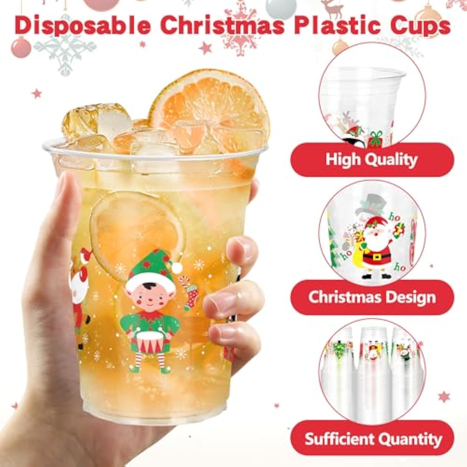 50 Pcs Plastic Christmas Cups, 14 Oz Christmas Cups Disposable Xmas Decorations,Santa Reindeer Snow Drinkware For Beer, Coffee And Wine, Clear Drinking Cup For Winter Holiday Xmas Party Supplies