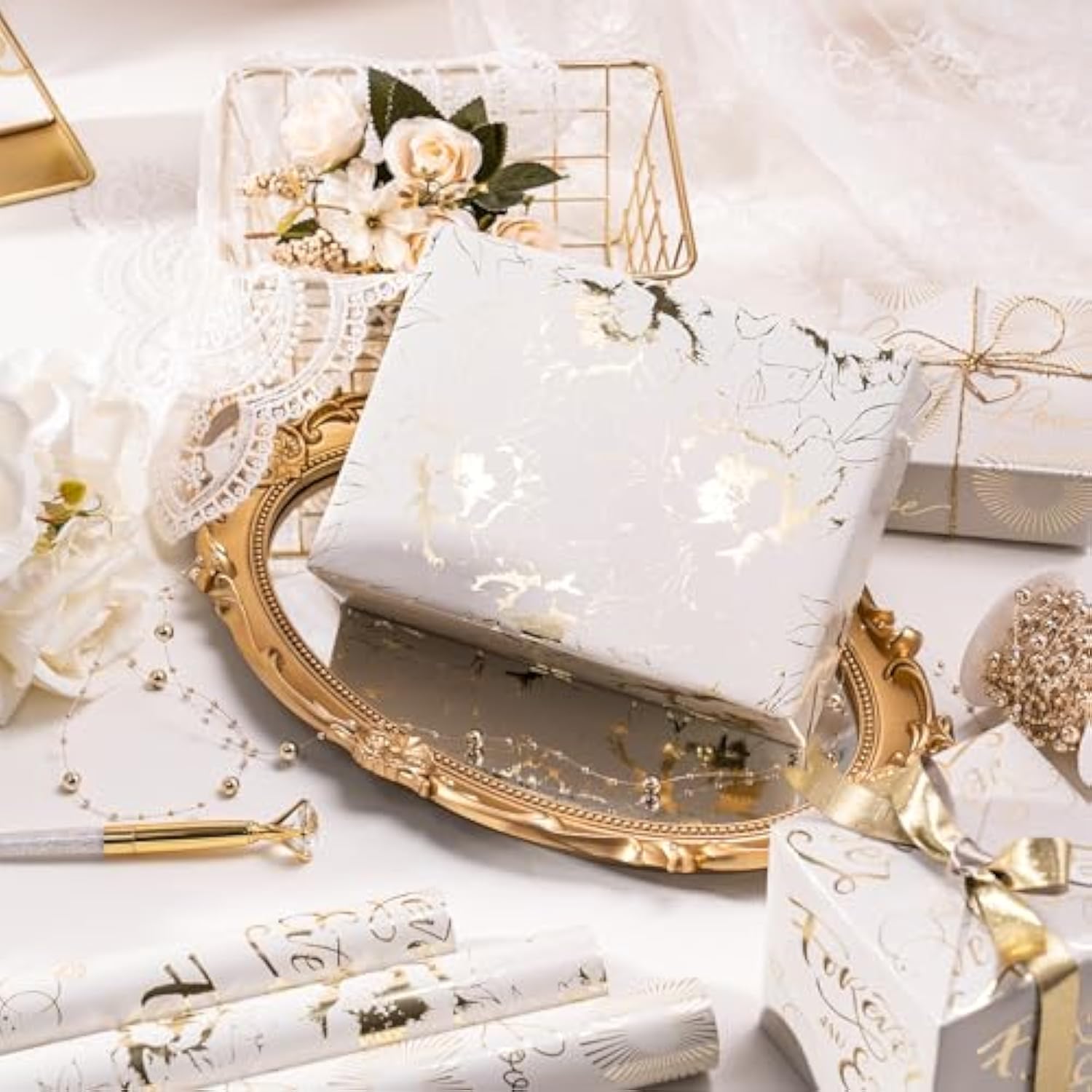 Gold Wedding Wrapping Paper Roll, Gold Flower, Love Heart, Ring & Forever And Ever Lettering Design For Wedding, Engagement, Bridal Shower, Anniversary, Mini Roll, 17 X 120 Inches, 3 Rolls