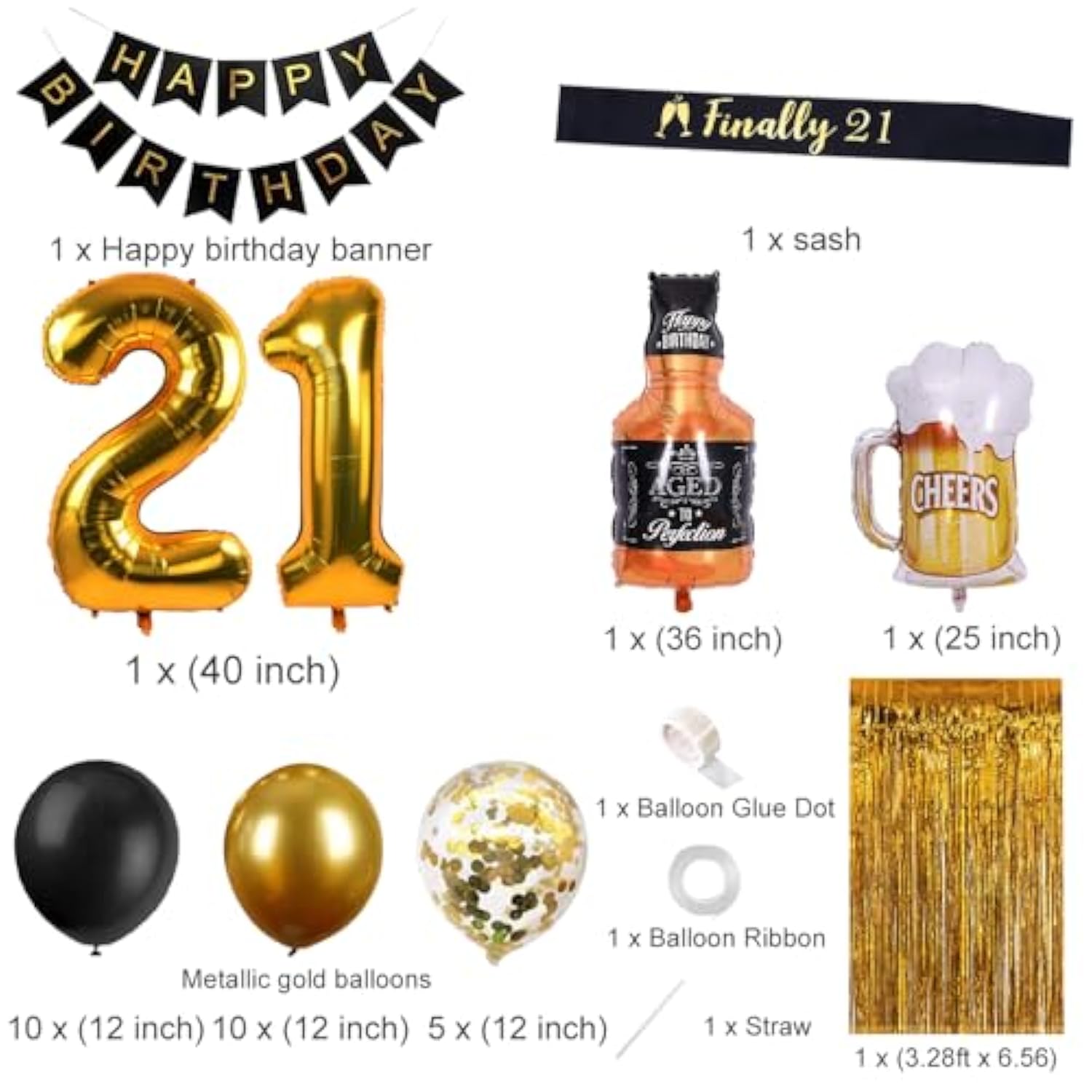 21St Birthday Decorations For Him Men, Happy 21 Bday Decor Black And Gold For Her Women Party Supplies
