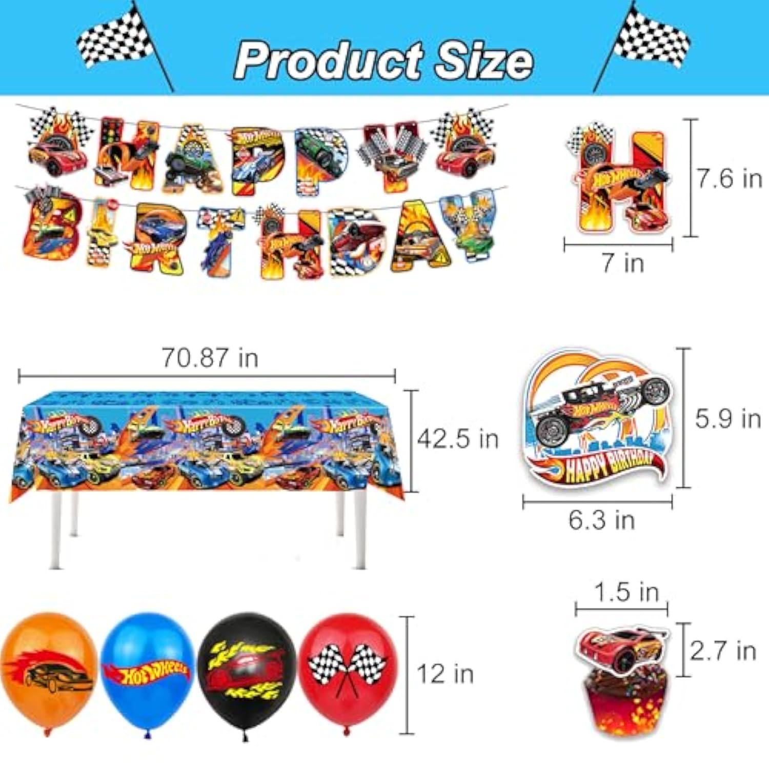 Race car party kit with banner, balloons, cake toppers, cupcake toppers & tablecloth