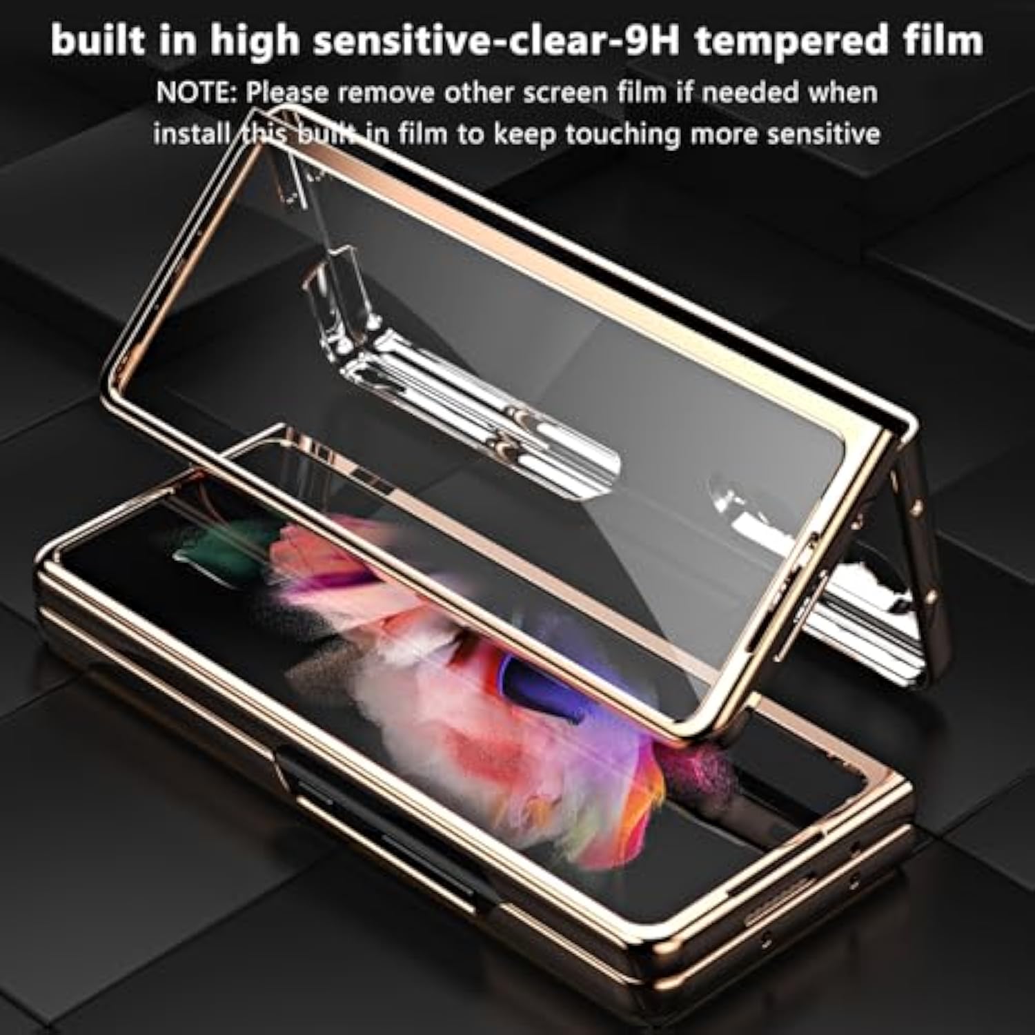 For Samsung Galaxy Z Fold 3 Case [ Electroplated Frame ] Leather Back, Built In Screen Protector, Ultra Thin And Slim, Wireless Charging, Grip Easy, Phone Cover 5G 2021, Black