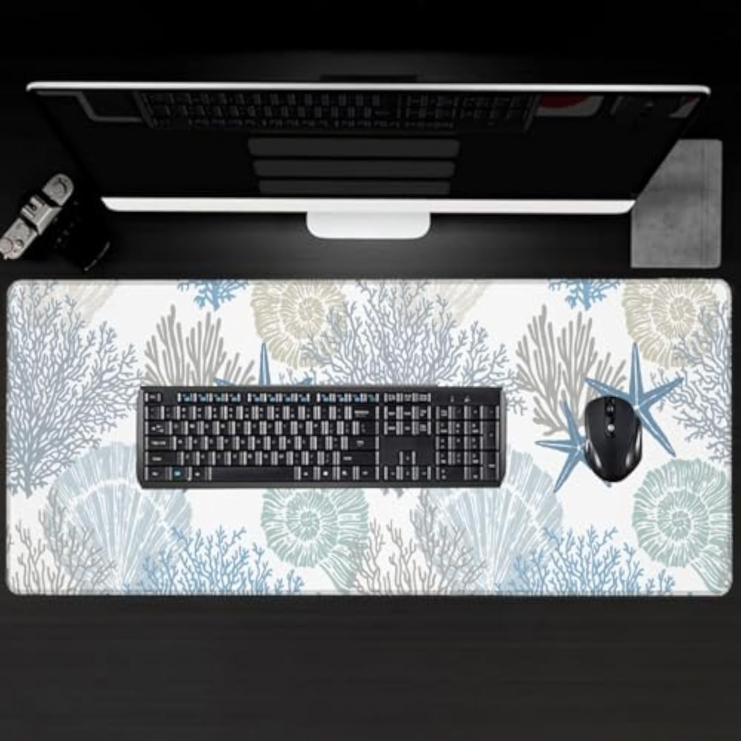 Nautical Coastal Large Gaming Desk Mat,Rubber Non-Slip Starfish Seashell Coral Beach Mouse Pad,31.5X11.8X0.12In Extended Sea Ocean Mousepad,Game Lover Mice Pads Gifts,Office Home Deskmat Decor