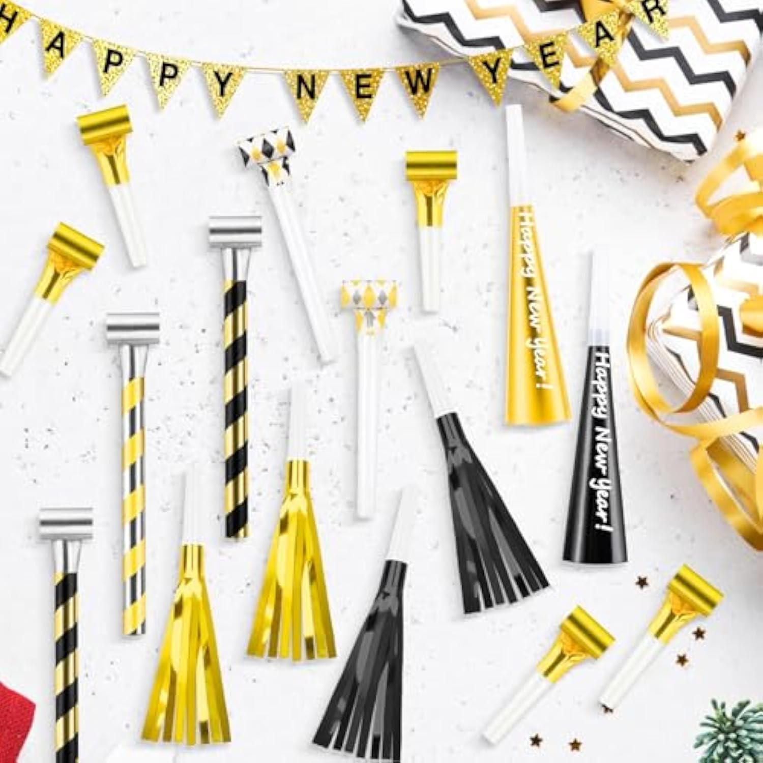 24 Pcs New Year Party Blowers Glitter Fringed Noisemakers Whistles