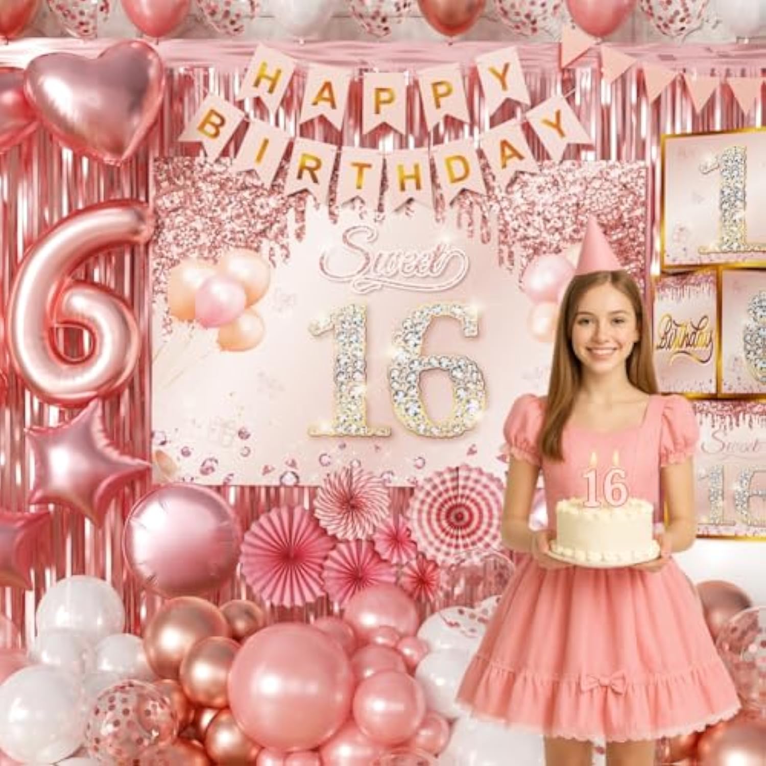 Sweet 16 Party Decorations Pink Rose Gold Sixteen Birthday Party Supplies With Backdrop Banner Foil Balloons Tassel Curtain Balloon Garland Kit And Sweet 16 Boxes For Girl 16Th Sweet Party (Rose Gold)