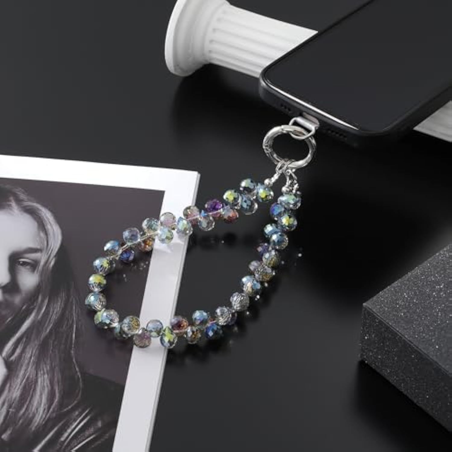 Crystal Beaded Phone Wrist Strap Keychain Lanyard Dark Purple for Women
