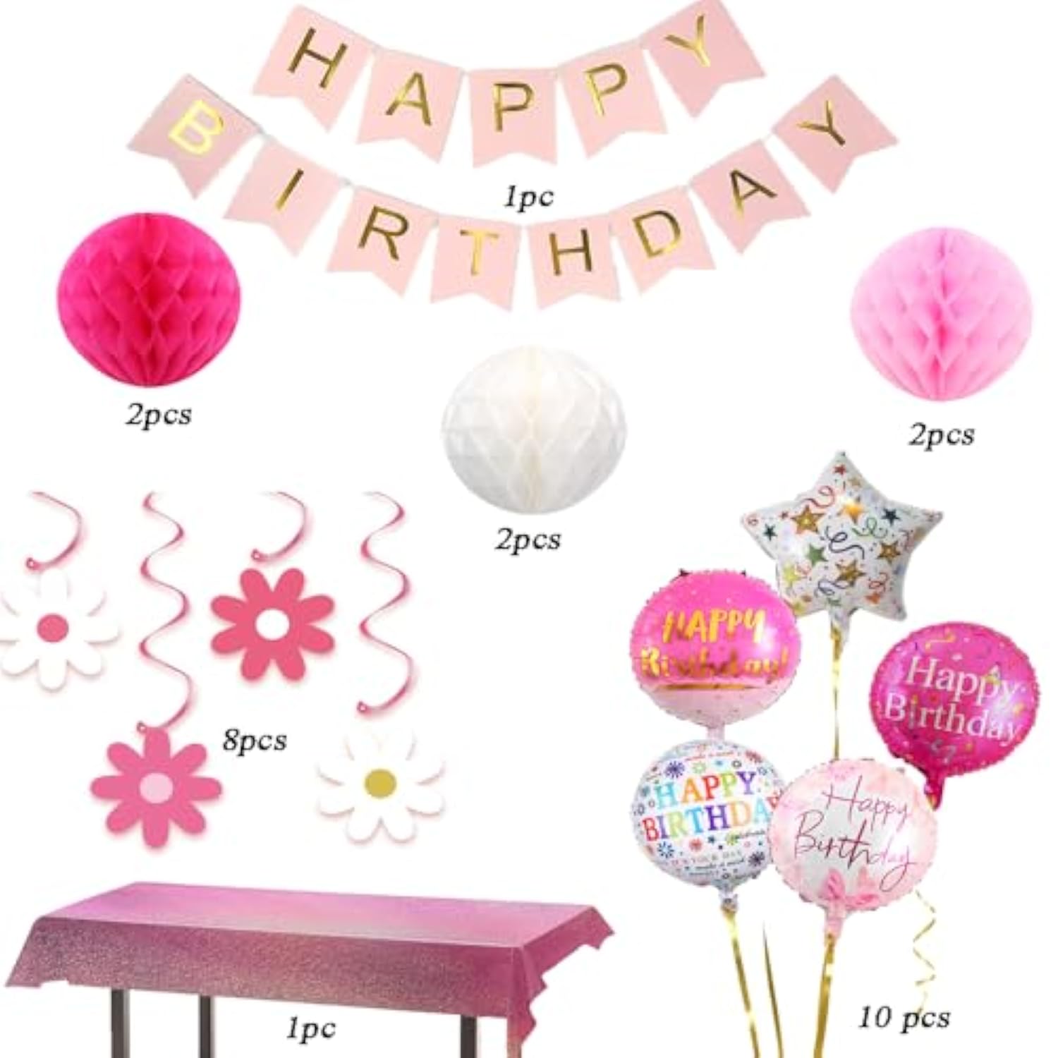 Pink And White Happy Birthday Banner Decorations With Tablecloth, Pom Poms, Stars Swirl Streamers For Girls Women Birthday Party Decorations