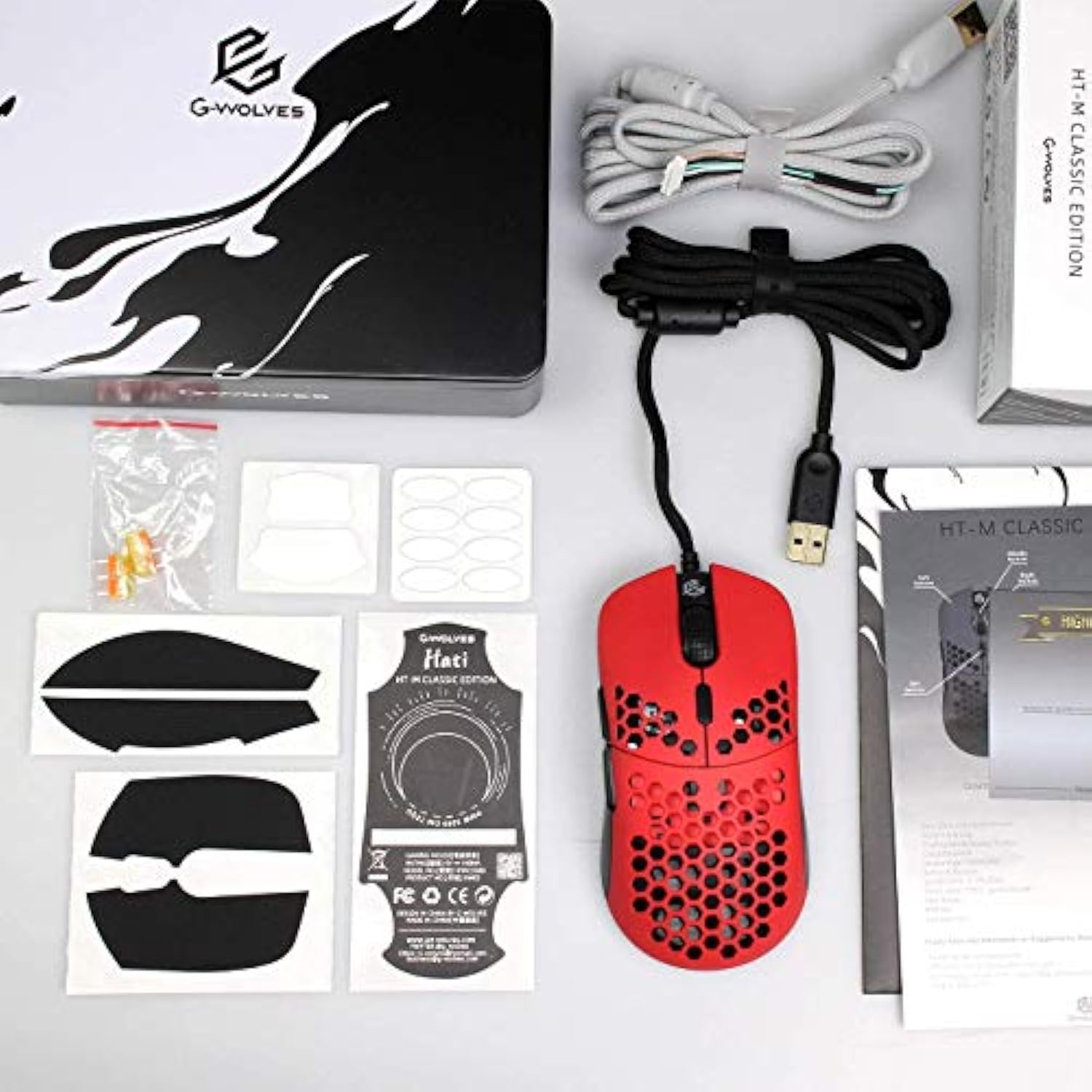 Hati Htm/Ht-M Medium 56G Ultra Lightweight Honeycomb Wired Gaming Mouse, Pixart 3389 Sensor 16000 Dpi, 6 Programmable Buttons, Low Latency, For Pc/Mac (Faze Red)
