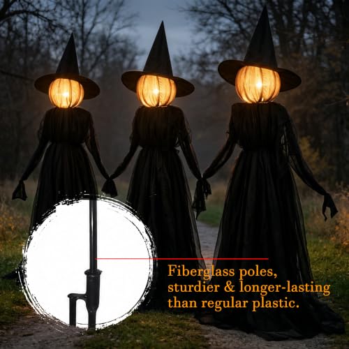 Halloween Witches Decorations Outdoor, 5 FT Set of 3 Light Up Holding Hands Witches with Stakes and Timer Function, Glowing Face Witch Decorations for Yard Garden Lawn Haunted House